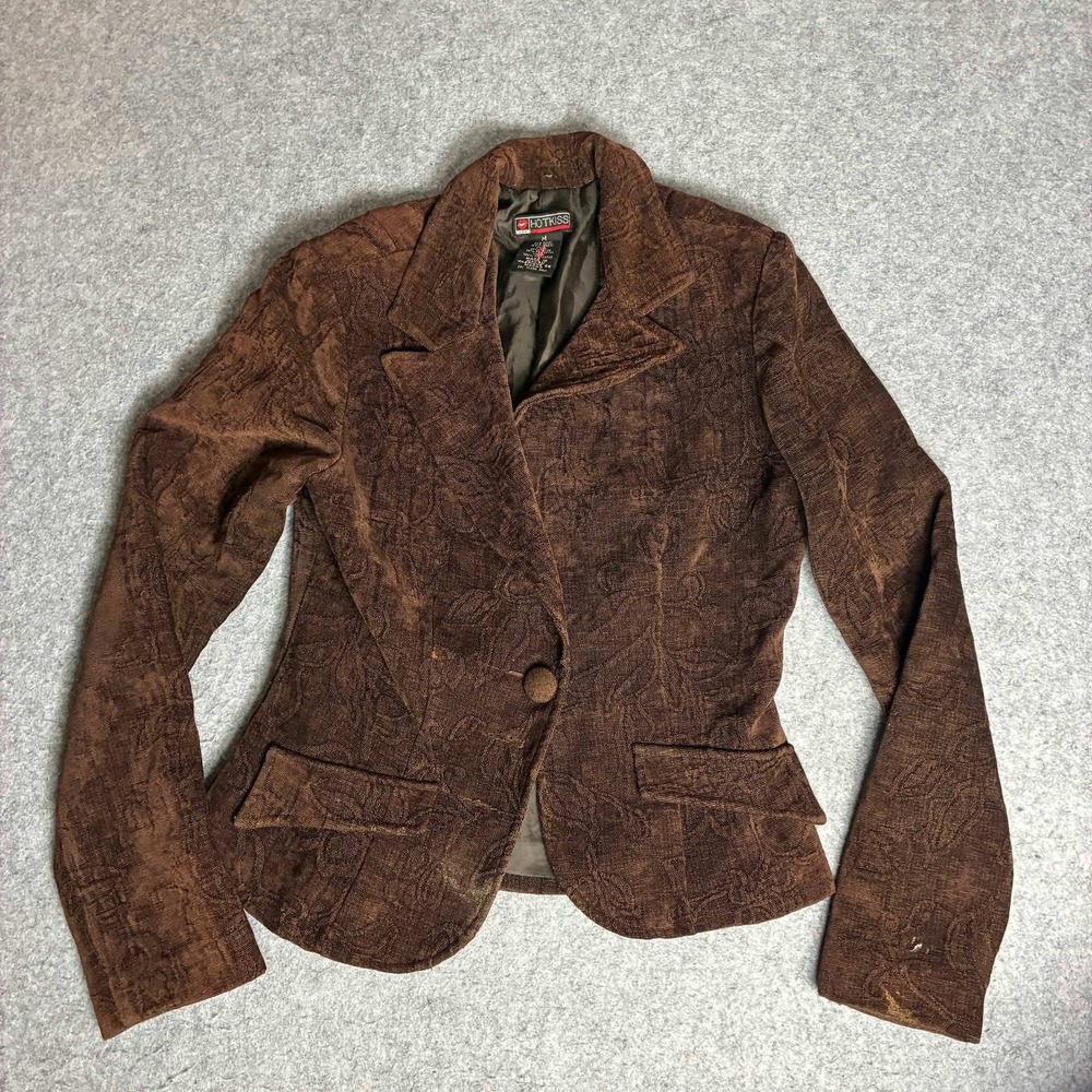 Hot Kiss Brown Floral Damask Jacquard Blazer Single Button Vintage Y2K Size M